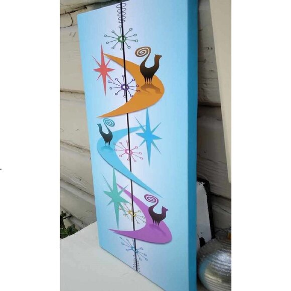 Retro MCM Style "SNOOTY" Cats on Boomerangs Giclee Print on Canvas Original Art - Picture 3 of 12